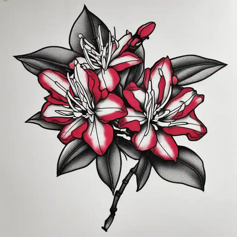 vertical wrist size red and black rhododendron trippy with Himalayas behind