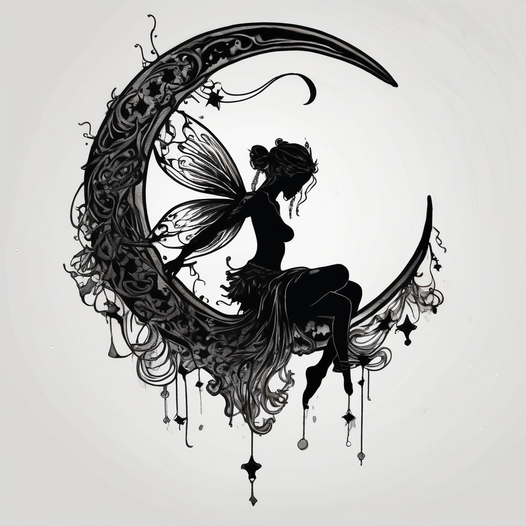 Solid black tattoo of a Fairy sitting on moon with dangles.(AIが生成した水彩スタイルのタトゥーデザイン)