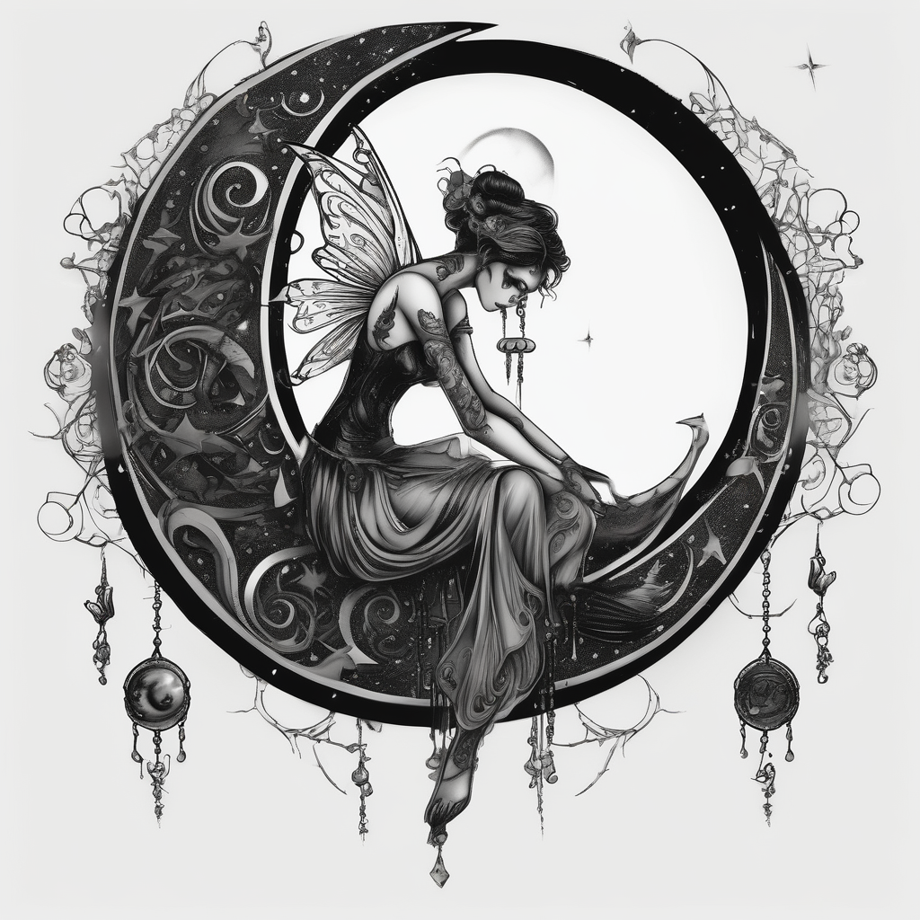 All black tattoo of a Fairy sitting on moon with dangles.(AIが生成したシュルレアリスムスタイルのタトゥーデザイン)