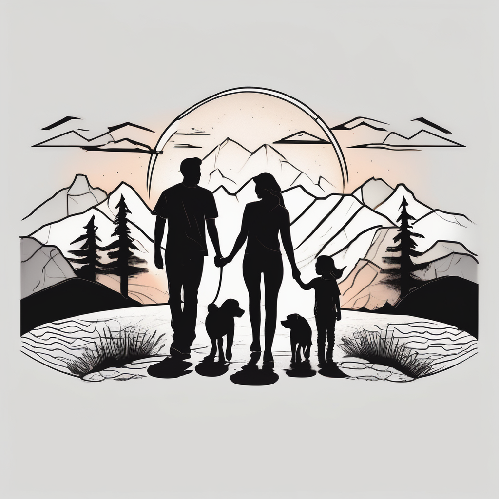 Family 2 parents, 1 baby boy, one 3-year girl and one black dog walking through the the sunset and mountains, diseño de tatuaje Blackwork generado con IA