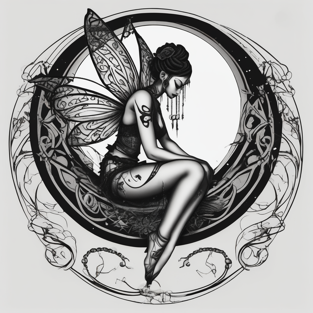 All black tattoo of a Fairy sitting on moon with dangles.(AIが生成したブラックワークスタイルのタトゥーデザイン)