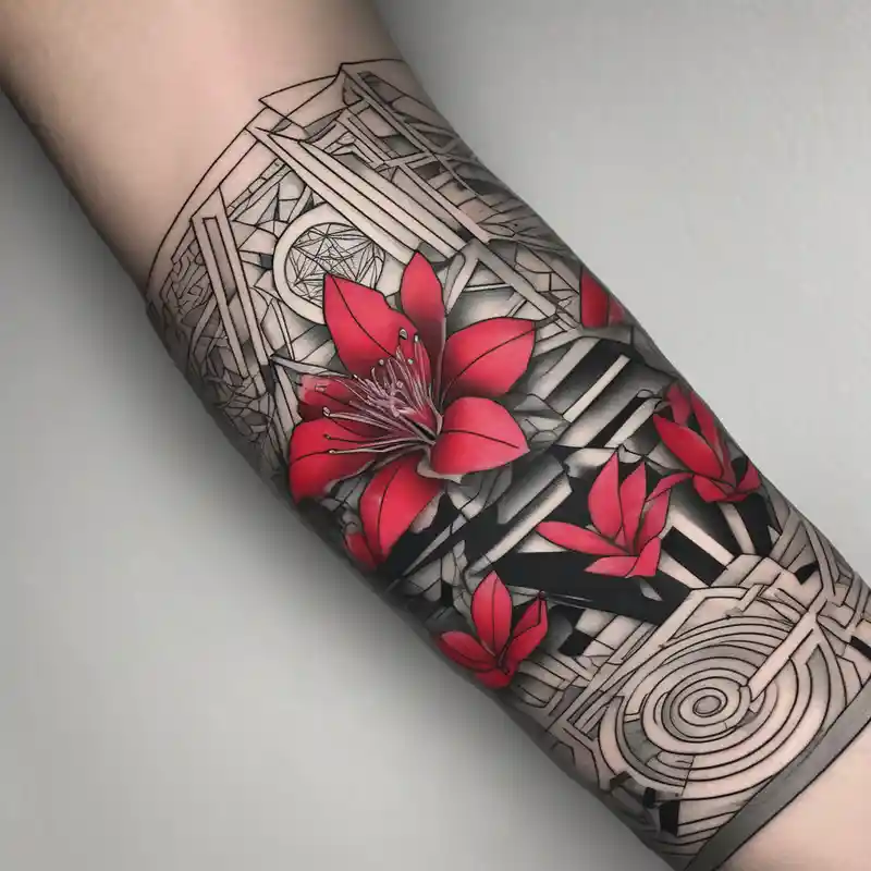 geometric style 2025年のタトゥーラップタトゥーアイデア about wrap around entire wrist red and black rhododendron trippy with Himalayas behind and wrap around entire wrist red and black rhododendron trippy with Himalayas behind