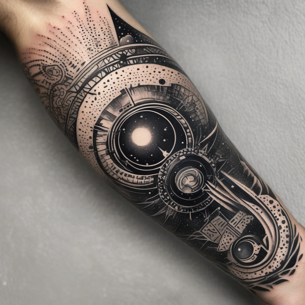 space, abstract, green and black, covered from wrist to forearm, fully covered, no borders, blackwork, no people, design de tatouage Dotwork généré par IA