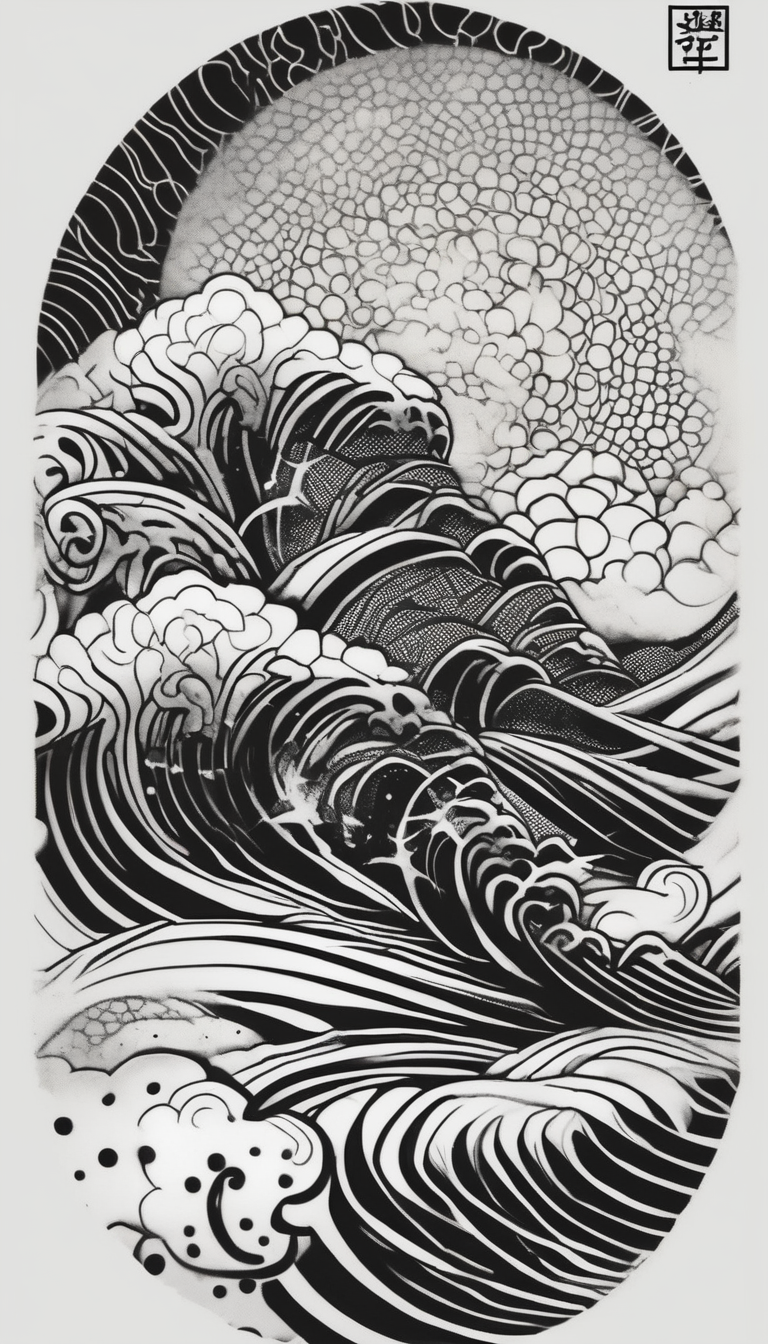 Design a Japanese-style blackwork full sleeve tattoo for my entire arm, The background should feature Japanese clouds on the top and waves on the bottom, design de tatouage Dotwork généré par IA