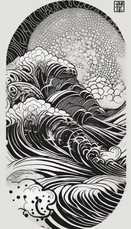 Design a Japanese-style blackwork full sleeve tattoo for my entire arm, The background should feature Japanese clouds on the – Dotwork, Noir et blanc