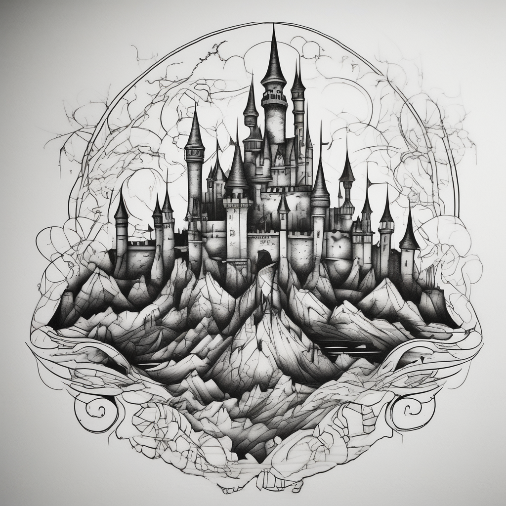 Blackwork castle in fantasy landscape, design de tatouage Surréaliste généré par IA