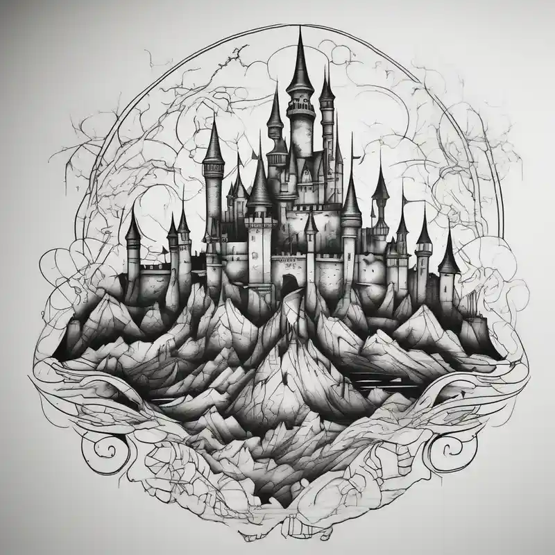 Blackwork castle in fantasy landscape