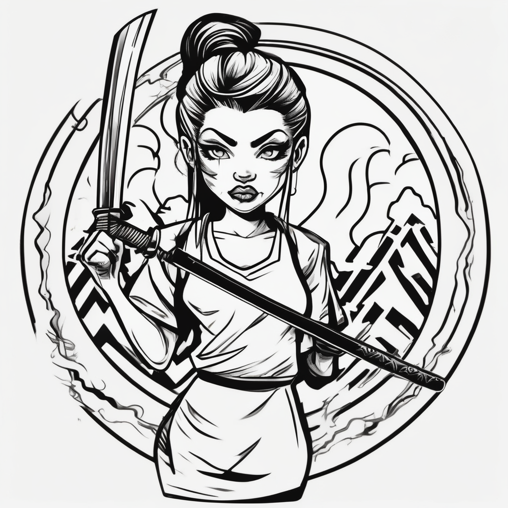 katana blackwork girl looking angry (size printeble), design de tatouage Cartoon généré par IA