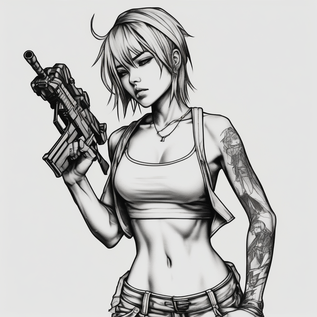ANIME GIRL holding weapon blackwork, design de tatouage Réaliste généré par IA