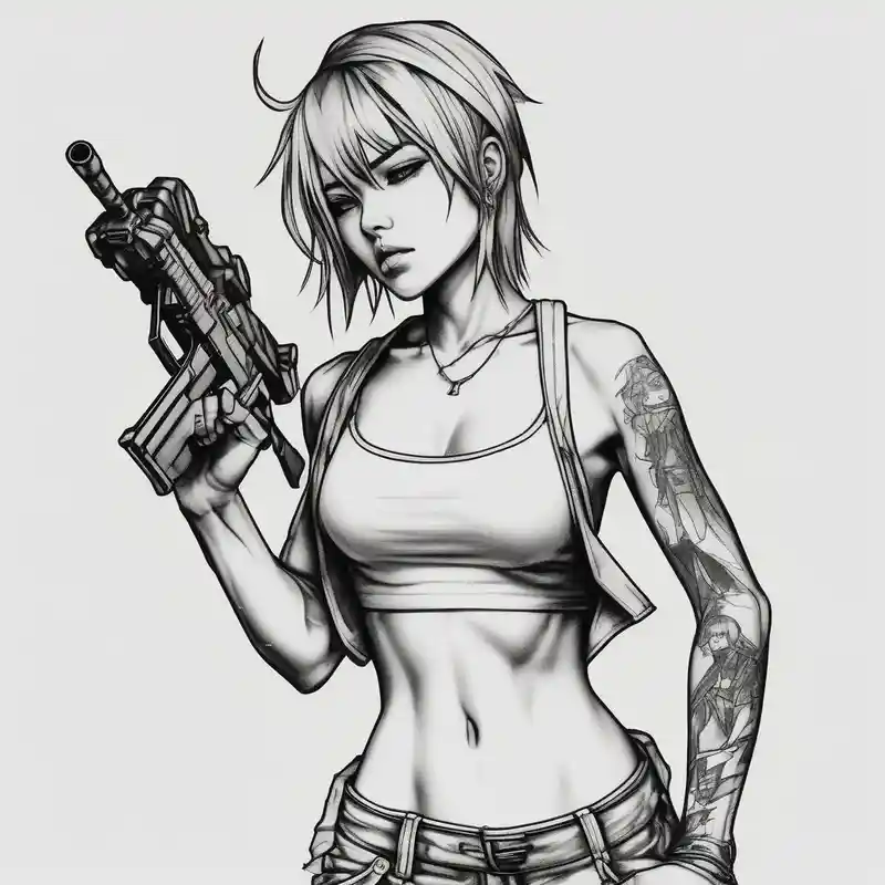 ANIME GIRL holding weapon blackwork – Réaliste, Noir et blanc