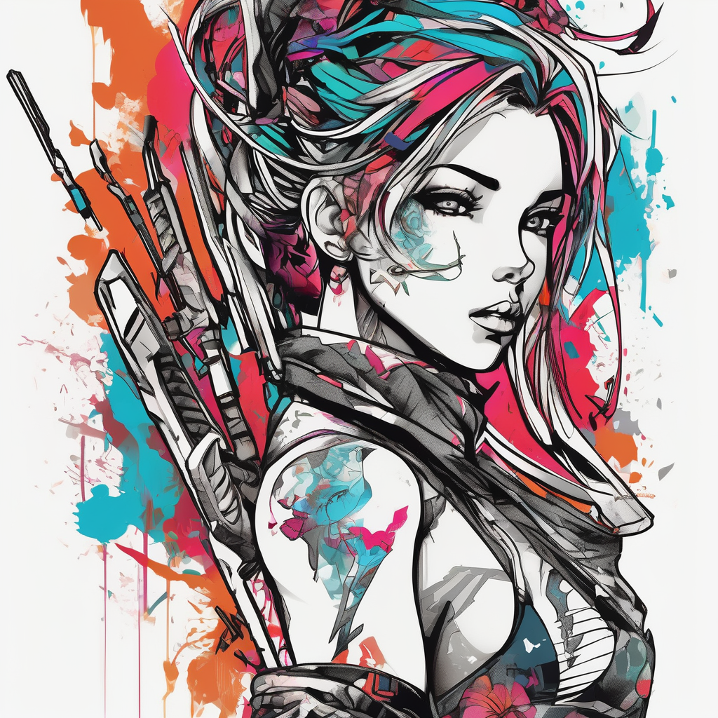 ANIME GIRL holding weapon blackwork, design de tatouage Surréaliste généré par IA