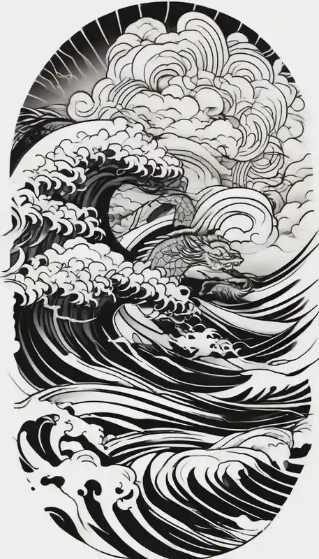 Design a Japanese-style blackwork full sleeve tattoo for my entire arm, The background should feature Japanese clouds on the
