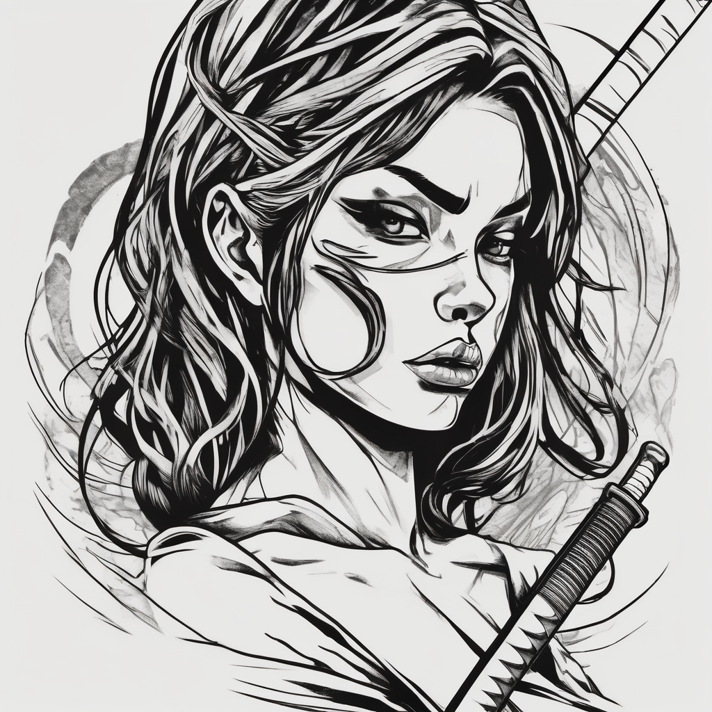 katana blackwork girl looking angry (size printeble), design de tatouage Croquis généré par IA