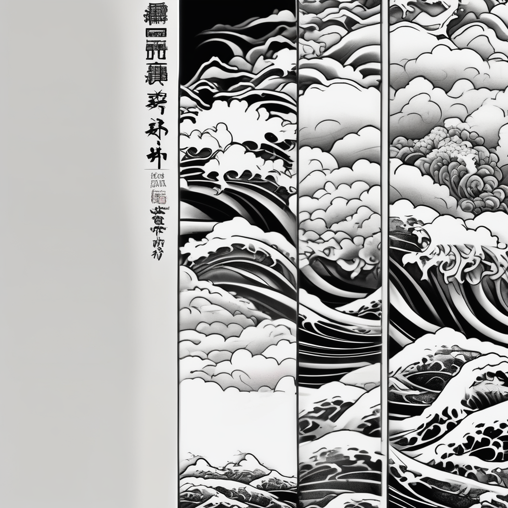 Design a Japanese blackwork full sleeve tattoo for my entire arm, The background should feature Japanese clouds on the top and waves on the bottom, design de tatouage Japonais généré par IA