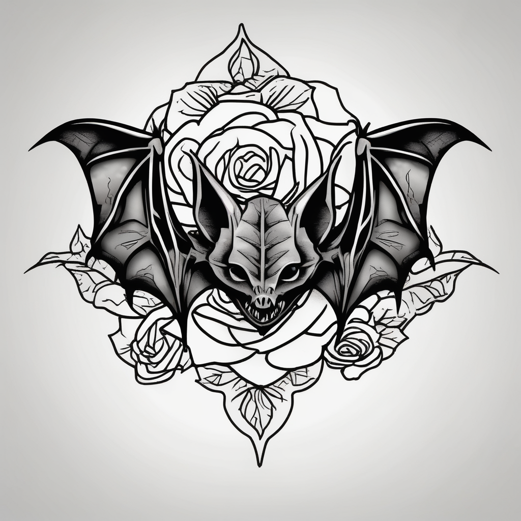 blackwork Bat Knee tattoo in fall colors with a rose, design de tatouage Old school généré par IA
