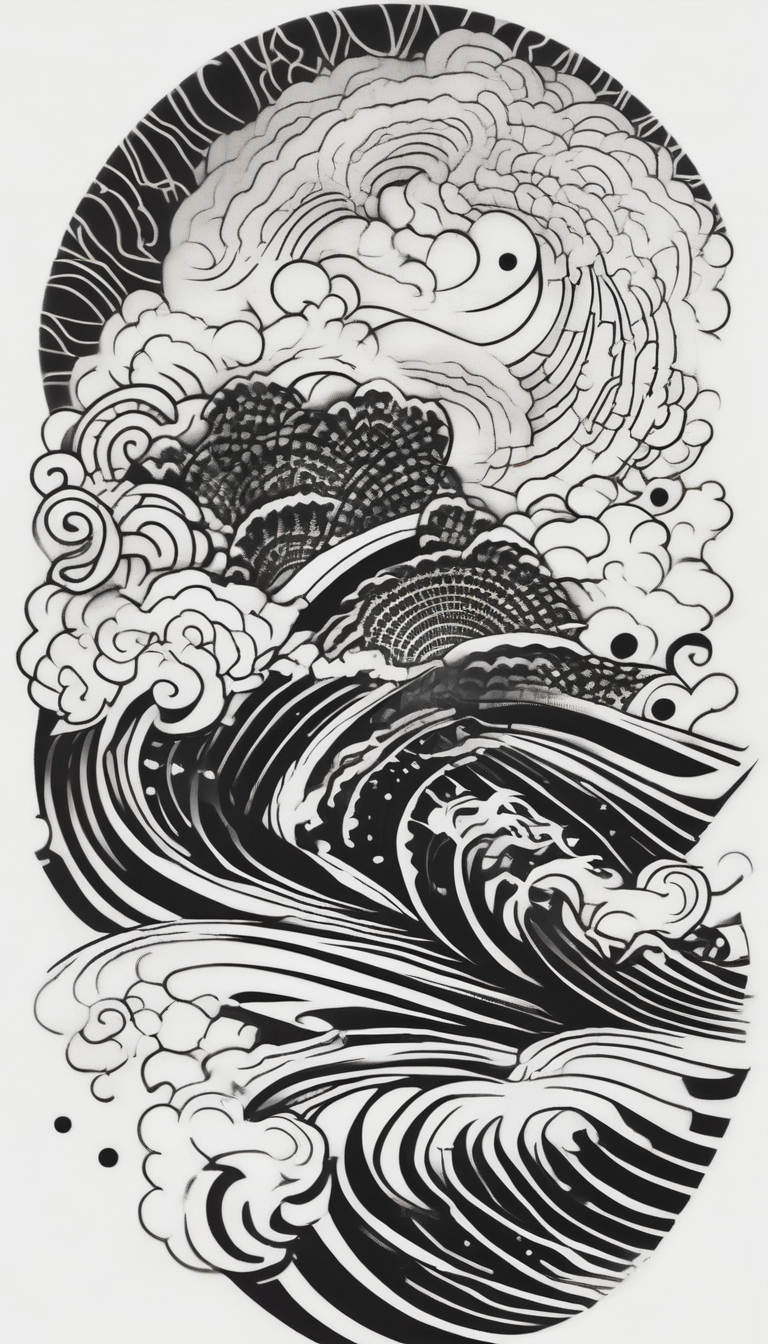 Design a Japanese blackwork full sleeve tattoo for my entire arm, The background should feature Japanese clouds on the top and waves on the bottom, design de tatouage Dotwork généré par IA