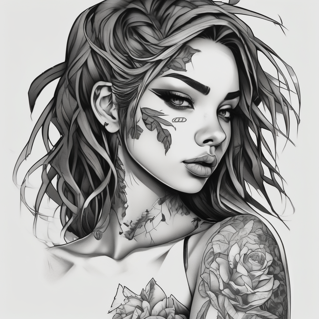 blackwork girl animestyle, design de tatouage Réaliste généré par IA