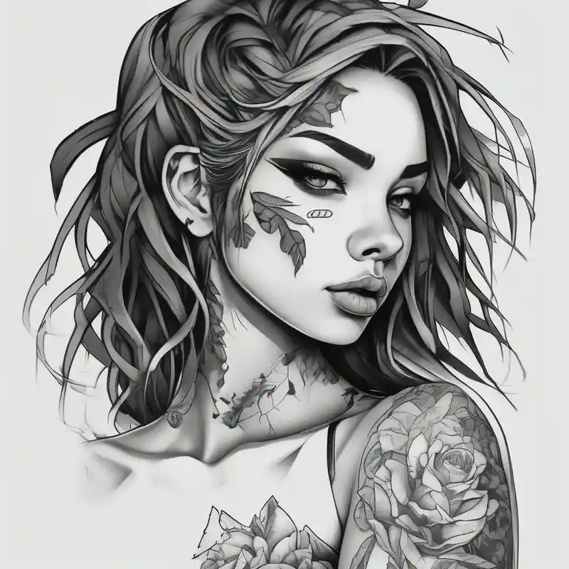 blackwork girl animestyle – Réaliste, Noir et blanc