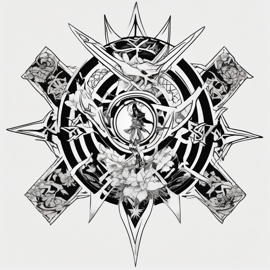 ANIME GIRL WITH SHURIKEN blackwork, design de tatouage Japonais généré par IA