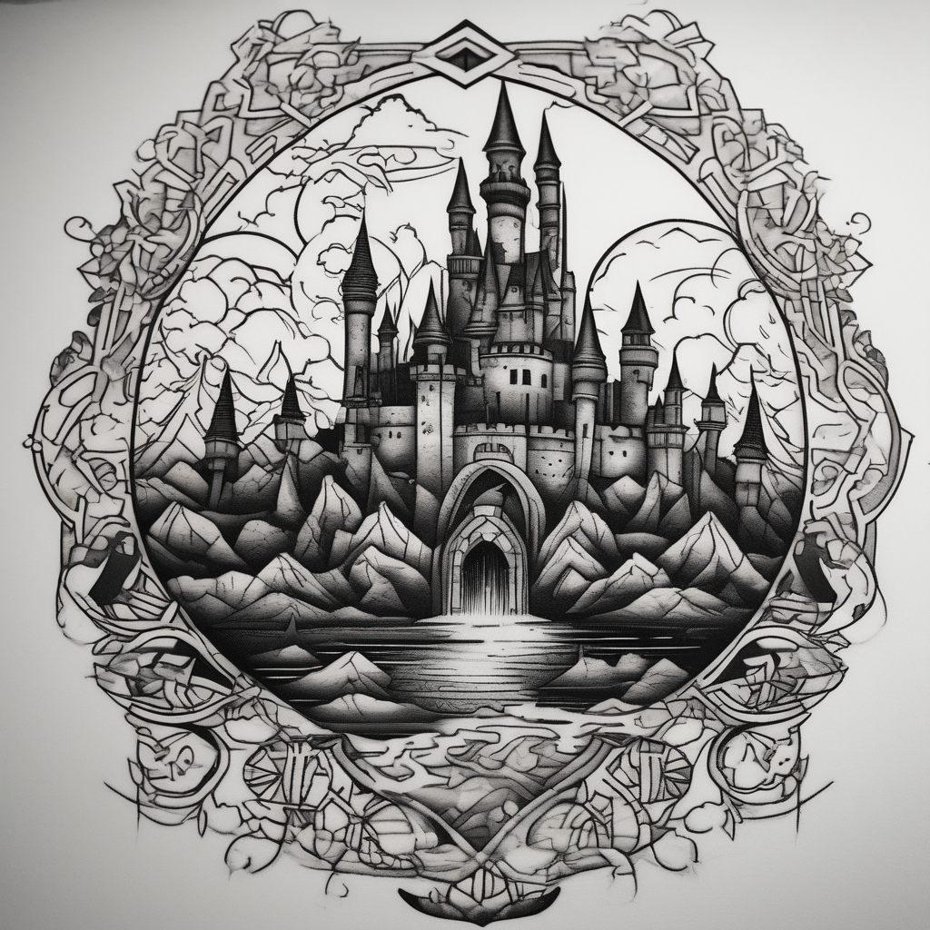 Blackwork castle in fantasy landscape, design de tatouage Blackwork généré par IA