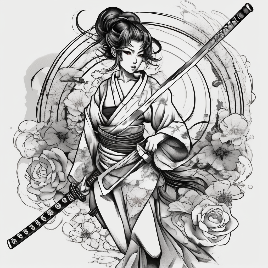 ANIME GIRL WITH KATANA blackwork, design de tatouage Japonais généré par IA