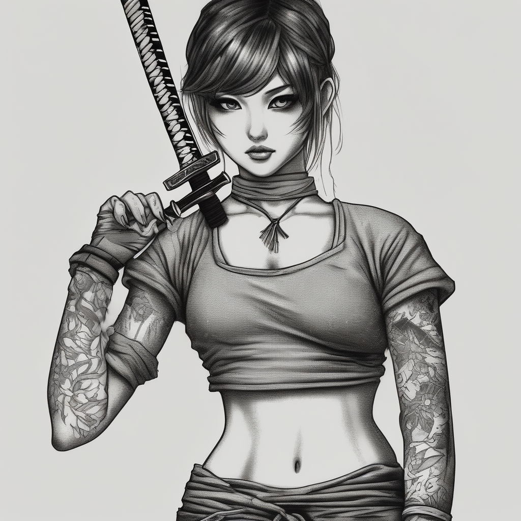 ANIME GIRL WITH KATANA blackwork, design de tatouage Dotwork généré par IA