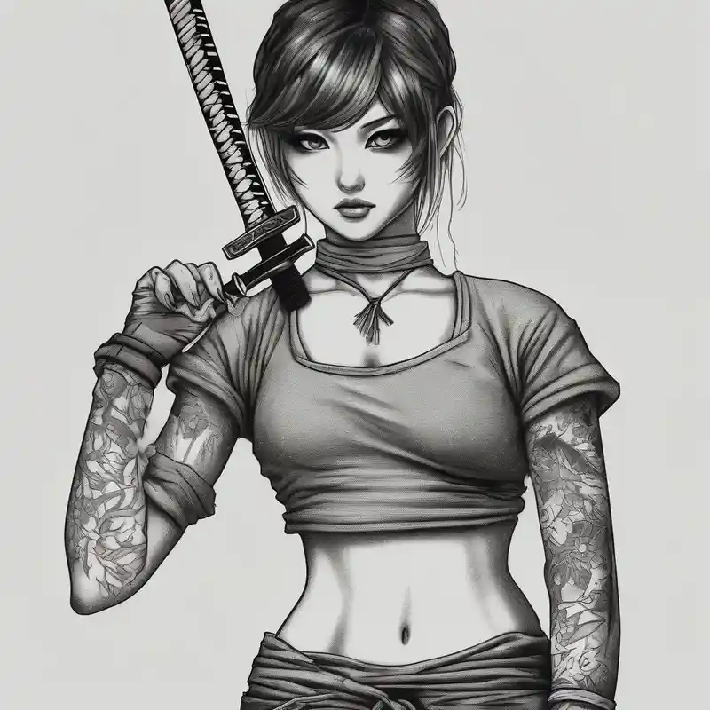 ANIME GIRL WITH KATANA blackwork – Dotwork, Noir et blanc