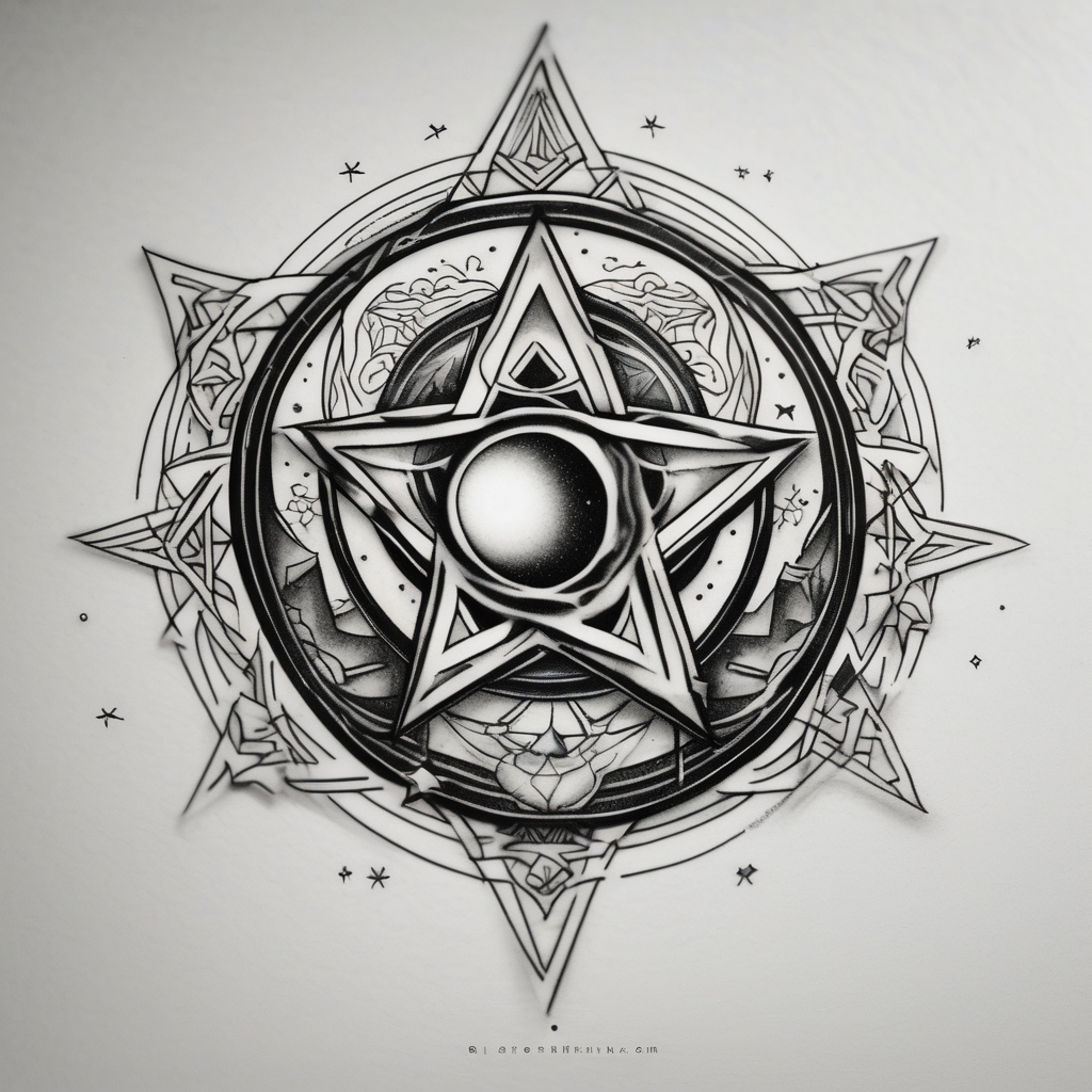 Blackwork tattoo sketch with moon and star. Sacred geometry tattoo design, mystic symbol. New school dotwork, line art minimalist style tattoo. Boho design. Print, posters, t-shirts and textiles, design de tatouage Réaliste généré par IA