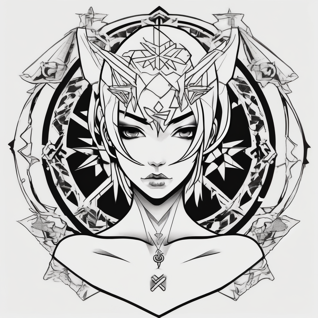 ANIME GIRL WITH SHURIKEN blackwork, design de tatouage Blackwork généré par IA
