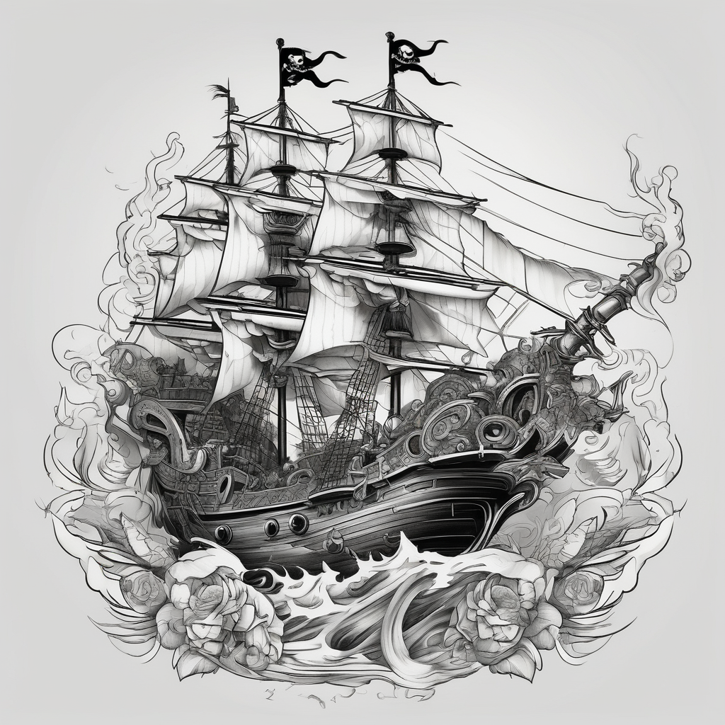 Pirate boat, parrot, pirates fighting, canon blast blast-over, diseño de tatuaje Blanco y negro generado con IA