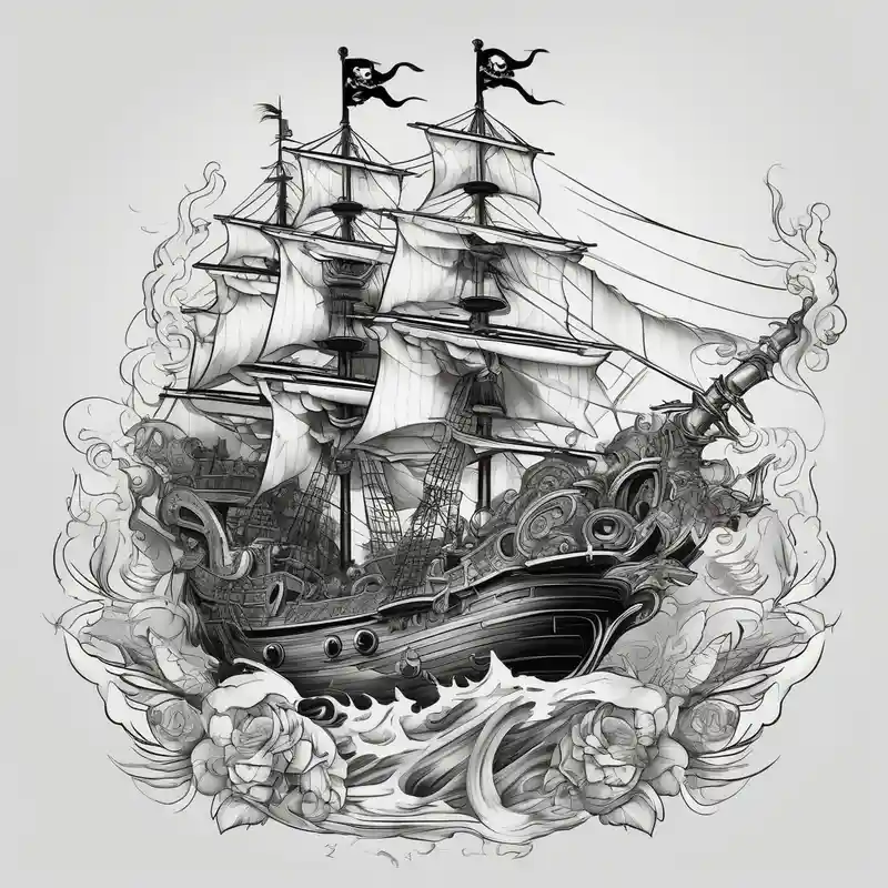 black and white style about Pirate boat and parrot