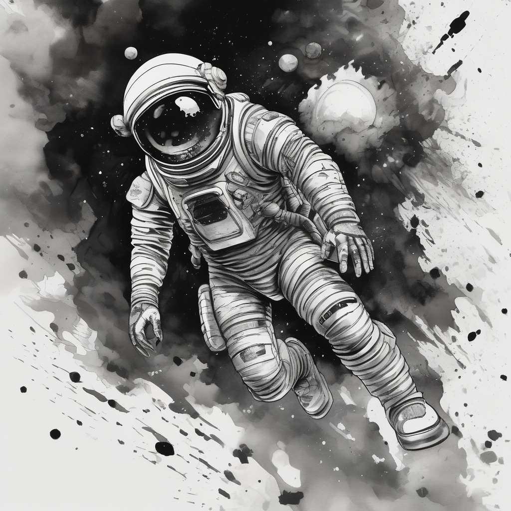 Astronaut laser blasting a asteroid blast-over, diseño de tatuaje Acuarela generado con IA