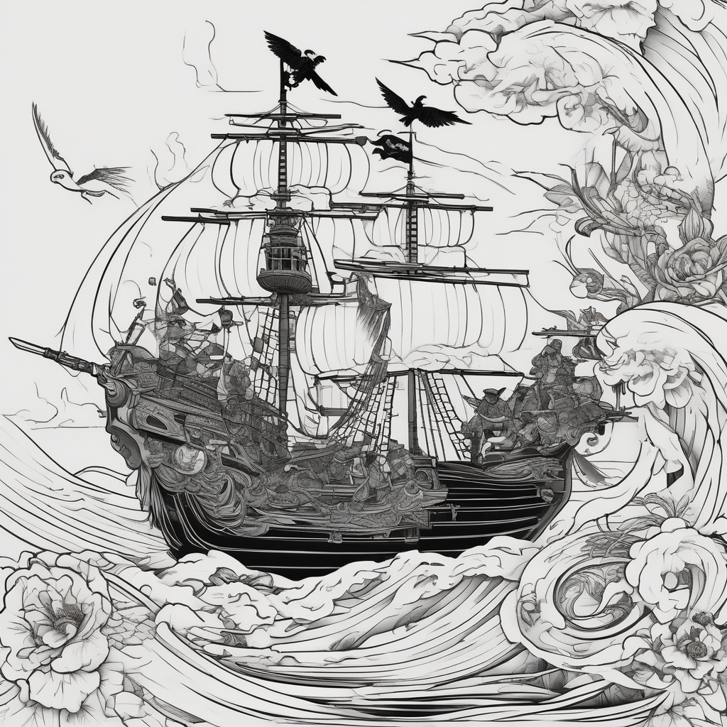 Pirate boat, parrot, pirates fighting, canon blast blast-over, diseño de tatuaje Japonés generado con IA