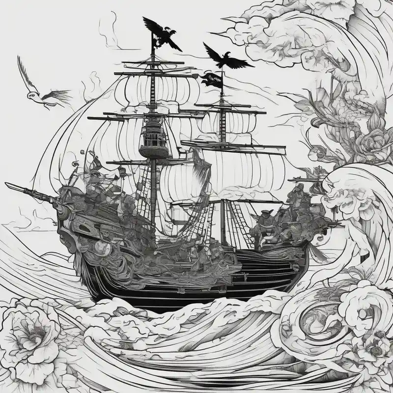japanese style about Pirate boat and parrot