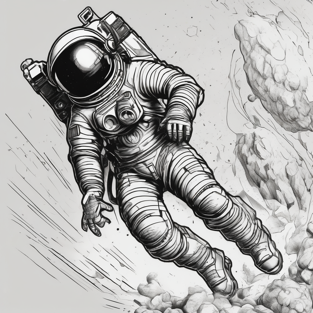 Astronaut laser blasting a asteroid blast-over, diseño de tatuaje Boceto generado con IA