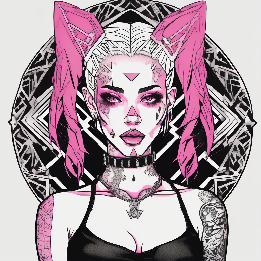 hot goth girl with puppy ears and with piercings on face and big boobs and big butt with black outfit on with pink hair, AI-generated Geometric tattoo design