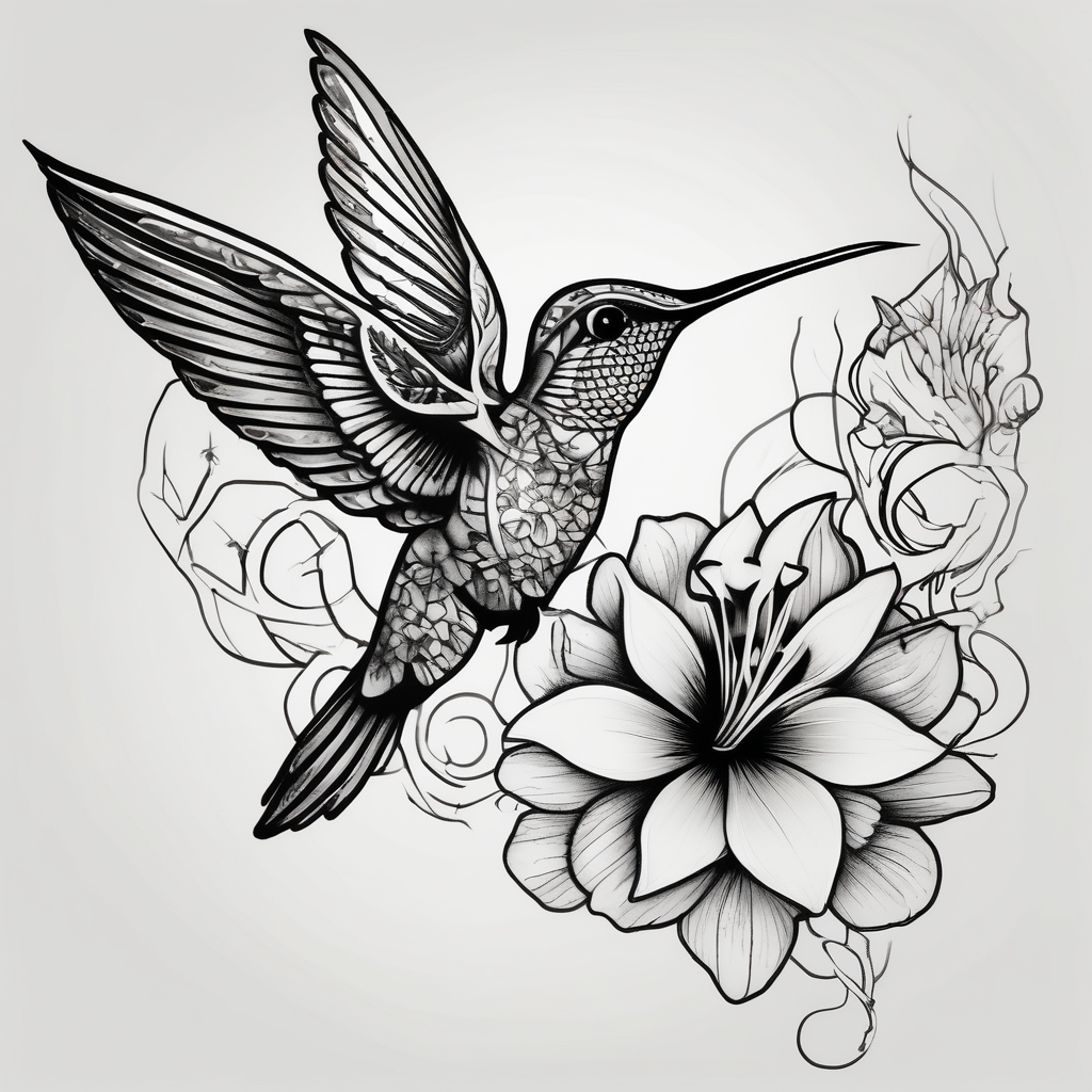 Humming bird and flower for placement on side boob, diseño de tatuaje Blackwork generado con IA