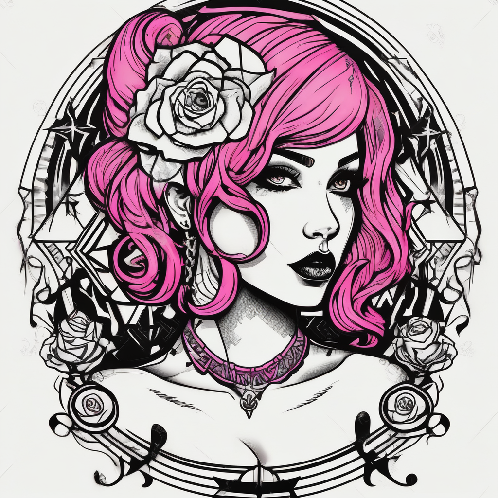 hot puppy goth girl with big boobs and pink hair, diseño de tatuaje Old school generado con IA