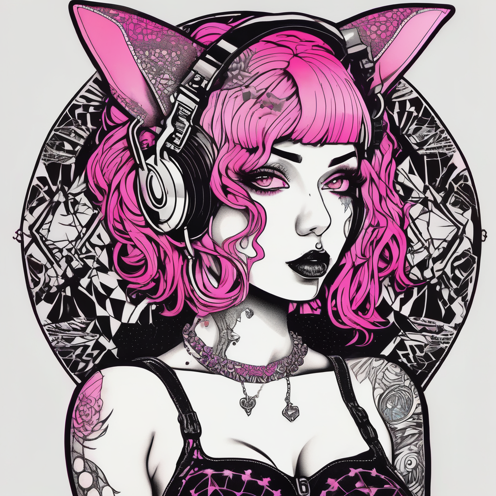 hot goth girl with puppy ears and with piercings on face and big boobs and big butt with black outfit on with pink hair, AI-generated Dotwork tattoo design