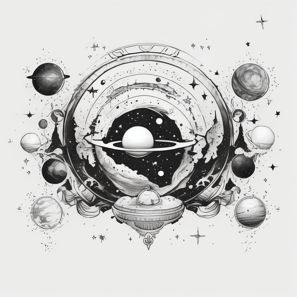 I wanna a tattoo in my wrist with a shape of rectangle wide as a bracelet with astronomy theme galaxy planets and stars like stripe, AI-generated Watercolor tattoo design