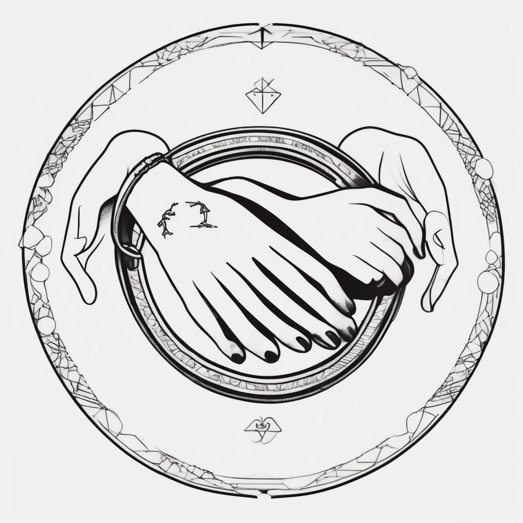 three baby hands and arms holding each other arm in a circle. Each wrist has a bracelet on it, with the names Arabella, Everleigh, and Arayla engraved on plates, diseño de tatuaje Minimalista generado con IA