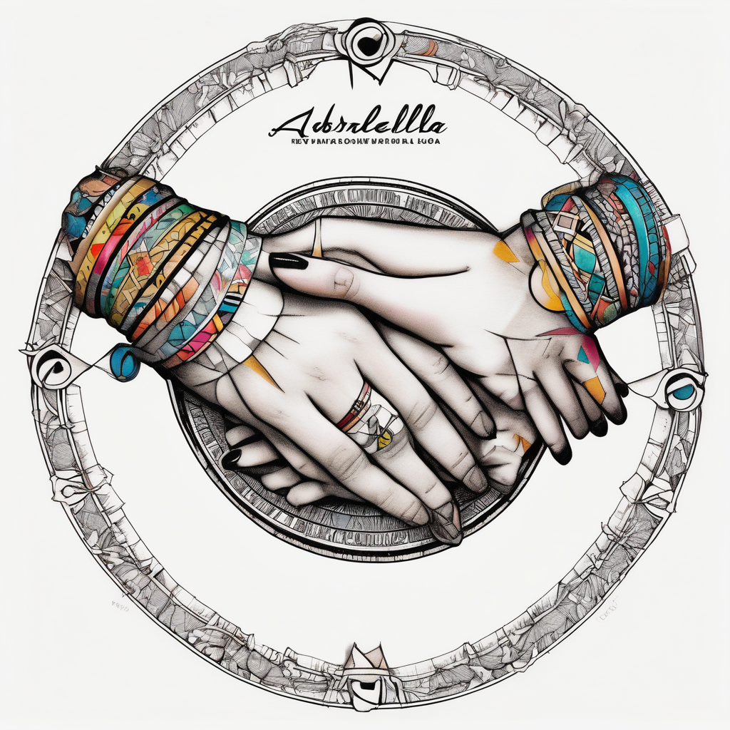 three baby hands and arms holding each other arm in a circle. Each wrist has a bracelet on it, with the names Arabella, Everleigh, and Arayla engraved on plates, diseño de tatuaje Geométrico generado con IA