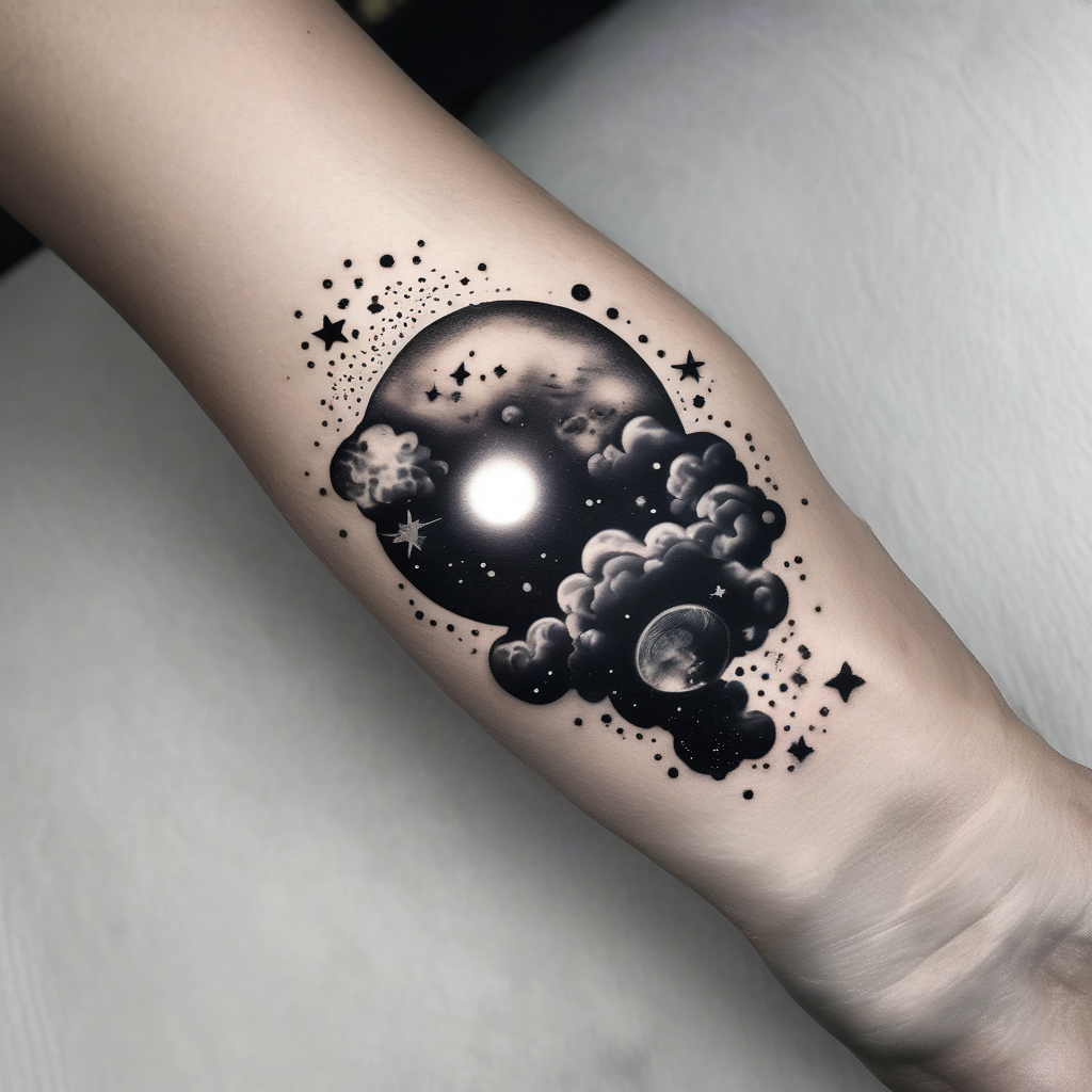 A wrist tattoo in a format of a cloud with the bracelet orientation and inside of this cloud I want galaxy stars and planets, AI-generated Black and White tattoo design