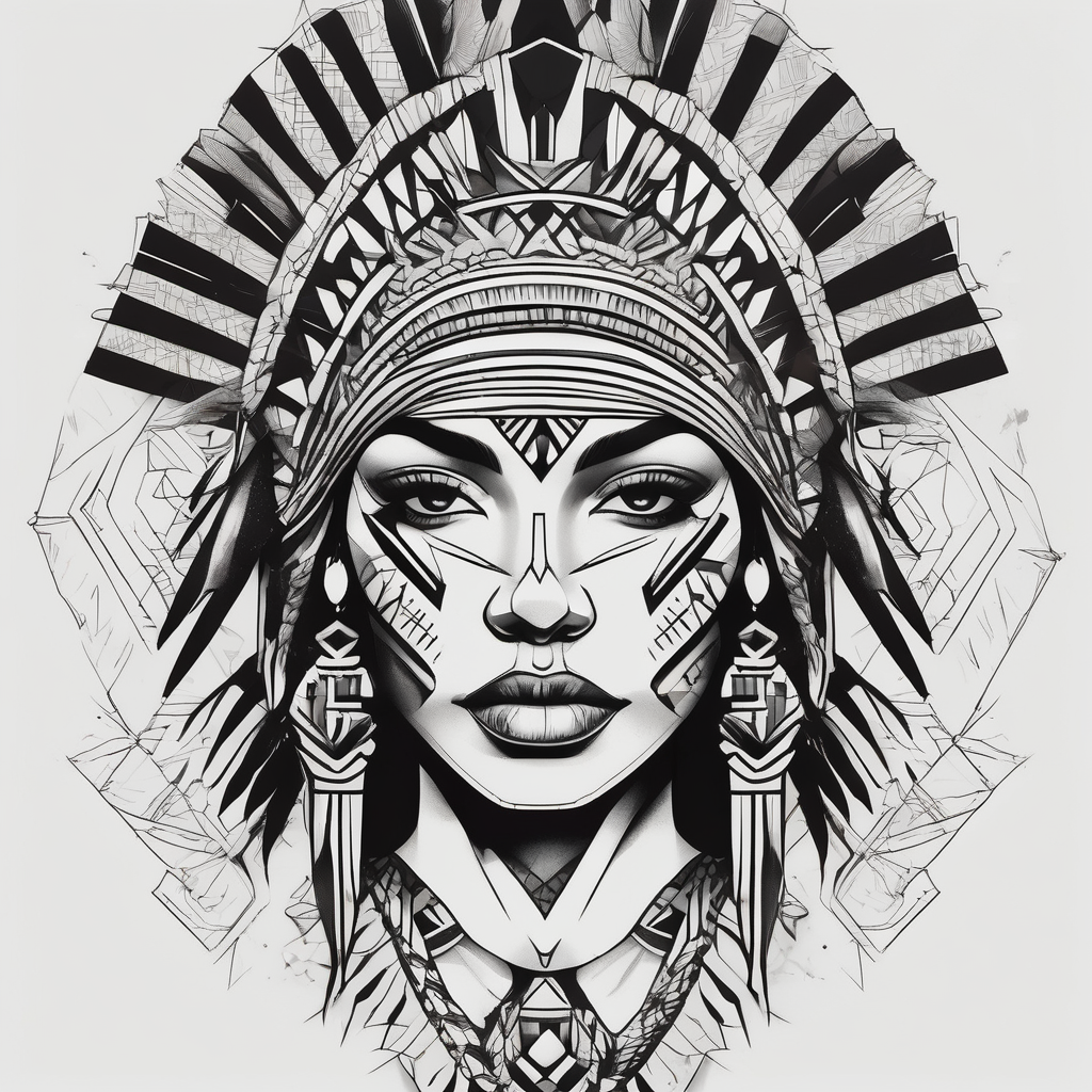 Face of a Brazilian Indian woman with a headdress to be tattooed on her forearm brazilian-ufc-featherweights, AI-generated Geometric tattoo design