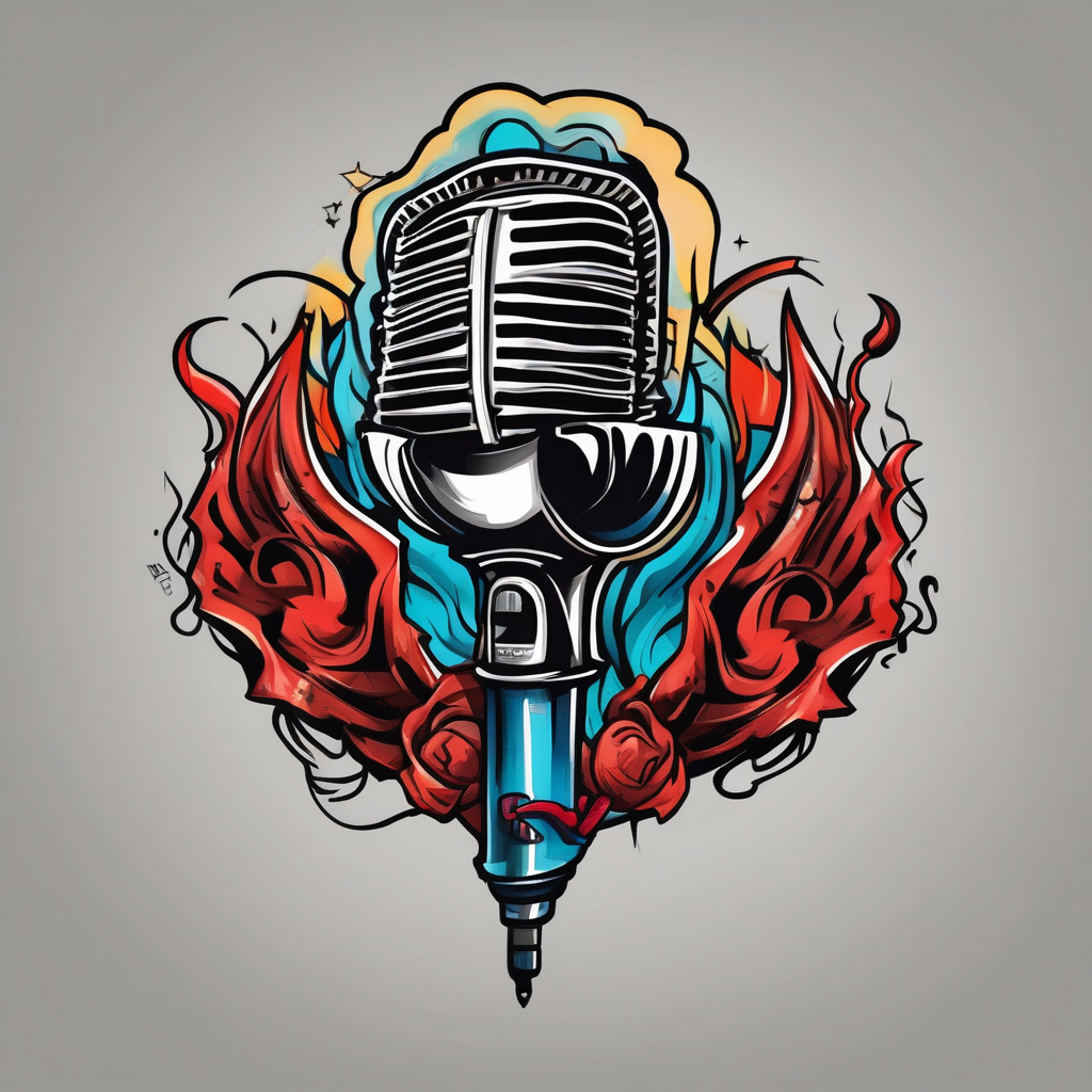 BLACK AND GREY A microphone morphed into a UFC glove, symbolizing the power of words and physical strength combined brazilian-ufc-featherweights, AI-generated Cartoon tattoo design