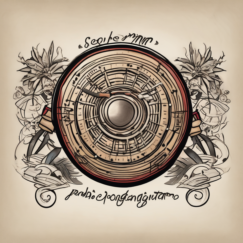 A pandeiro, a traditional Brazilian percussion instrument from pagode music, with the lyrics 'Se alguém perguntar por mim' integrated into the design brazilian-ufc-featherweights, AI-generated Old School tattoo design