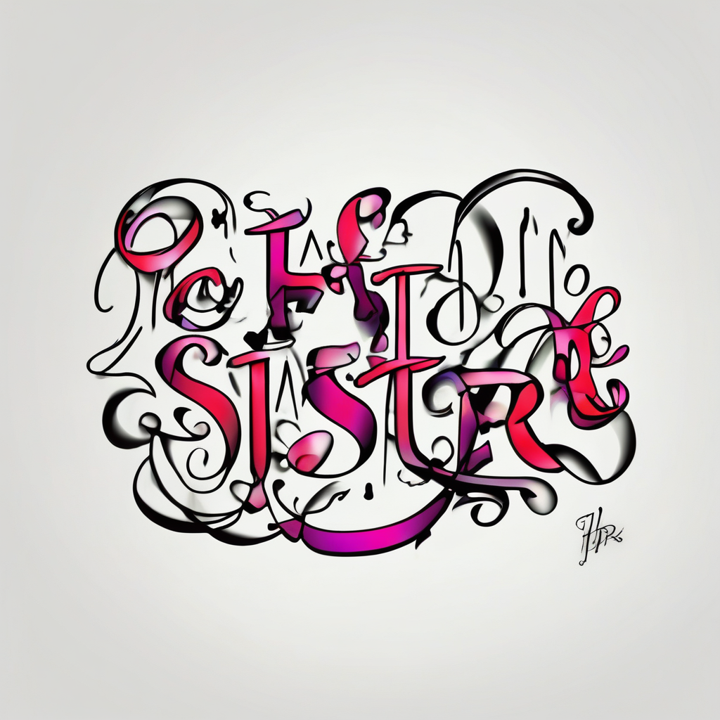 A small, delicate tattoo with the handwritten words" to my favorite sister" and a line coming from the last letter "r" and a small puzzle piece hanging from it brother-sister, AI-generated Cartoon tattoo design
