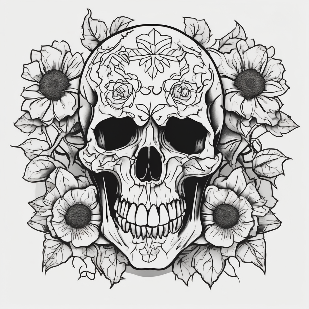 ornate skull adorned with wild roses and sunflowers bull-skull, diseño de tatuaje Cartoon generado con IA