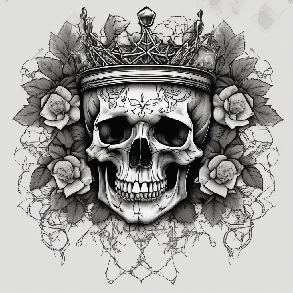 ornate skull adorned with crown of wild roses and thorns bull-skull, diseño de tatuaje Blackwork generado con IA