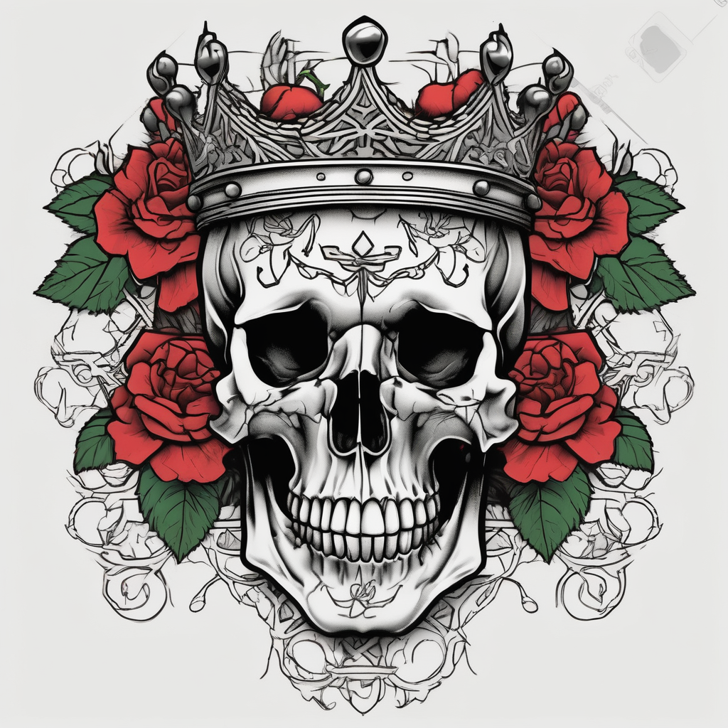 ornate skull adorned with crown of wild roses and thorns bull-skull, AI-generated Old School tattoo design